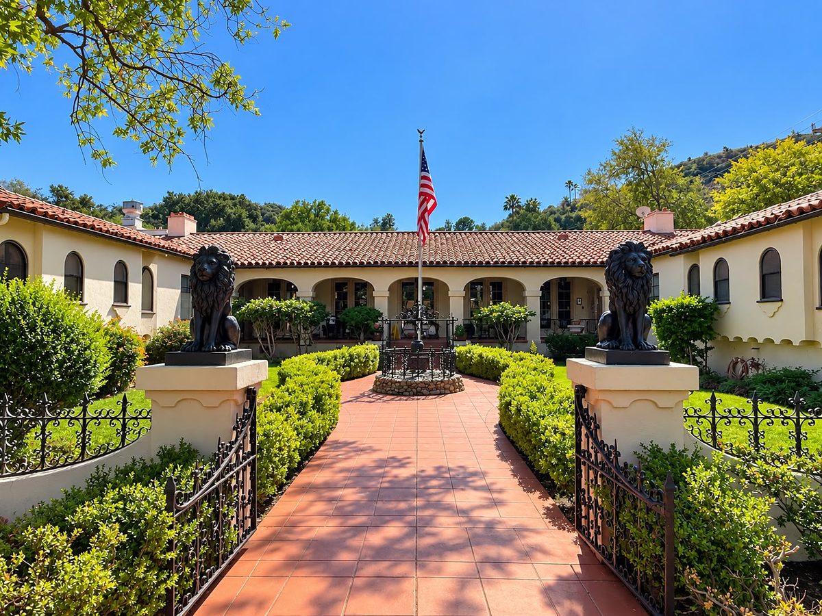The courtyard entrance of Paradise of North Valley, with lion statues on the gate pillars, a brick path and the American flag